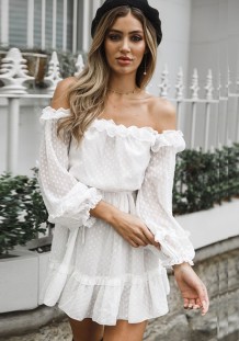 White Brief Cute Slash neck Long Sleeve Loose skirt Club Dresses