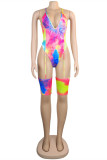 Pink Fashion Sexy Print Tie Dye Patchwork Backless Swimwears