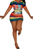 cartoon Fashion Casual cartoon multicolor Cap Sleeve Short Sleeves O neck Step Skirt skirt Striped Print Dresses