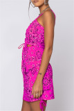 Rose Red Fashion Sexy Print Backless Spaghetti Strap Sleeveless Two Pieces