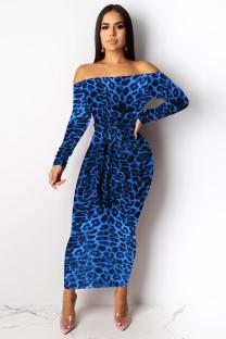 Blue Fashion adult Sexy Cap Sleeve Long Sleeves One word collar Step Skirt Mid-Calf bandage Leo
