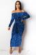 Blue Fashion adult Sexy Cap Sleeve Long Sleeves One word collar Step Skirt Mid-Calf bandage Leo