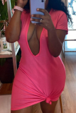 Pink Sexy Solid Patchwork V Neck Pencil Skirt Dresses