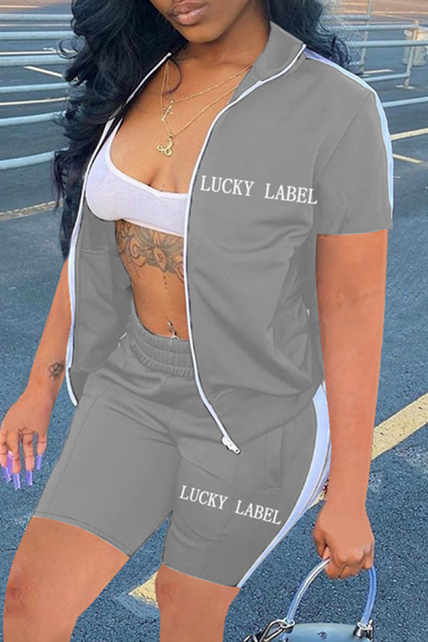Grey Casual Sportswear Letter Embroidered Patchwork Zipper Collar Short Sleeve Two Pieces