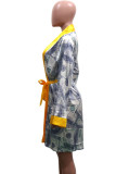 purple Fashion Casual Adult Print Patchwork With Belt V Neck Outerwear