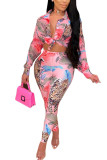 Pink Fashion British Style Adult Print Patchwork Turndown Collar Long Sleeve Regular Sleeve Regular Two Pieces