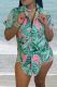 Green Casual Print Patchwork Turndown Collar Short Sleeve Two Pieces