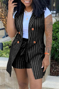 Black Fashion Casual Striped Print Cardigan Sleeveless Two Pieces