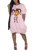 Pink Fashion adult Ma'am Street Bubble sleeves Short Sleeves O neck Lantern skirt Knee-Length Print Dresses