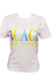 White Chemical fiber blend O Neck Short Sleeve Letter Print Character Solid Tops