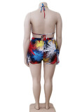 Colour Sexy Print Patchwork Frenulum Halter Plus Size Two Pieces