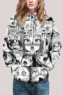 Grey Fashion Street Adult Print Patchwork Draw String Pullovers Hooded Collar Outerwear
