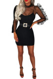 Black Network Sexy Patchwork Solid Hip skirt Long Sleeve Two-Piece Dress