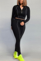 Black Fashion Casual Adult Solid Patchwork O Neck Long Sleeve Regular Sleeve Short Two Pieces