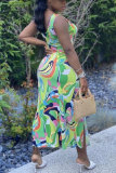 multicolor Fashion Sexy adult multicolor Tank Sleeveless V Neck Asymmetrical Mid-Calf Print Patchwork split asymmetrical Dresses
