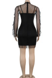 Black Network Sexy Patchwork Solid Hip skirt Long Sleeve Two-Piece Dress