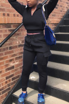 Black Fashion Casual Patchwork Solid Patchwork Turndown Collar Long Sleeve Two Pieces