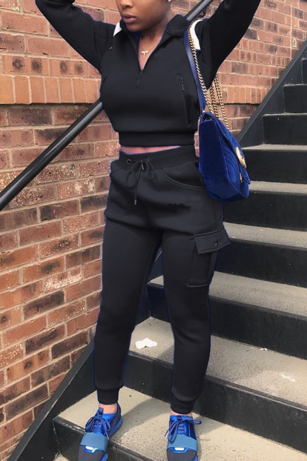Black Fashion Casual Patchwork Solid Patchwork Turndown Collar Long Sleeve Two Pieces