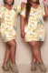 Light Yellow Fashion Casual Plus Size Print Basic V Neck Short Sleeve Dress