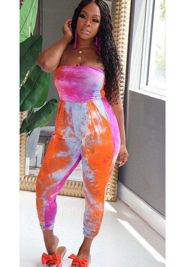 Orange Casual Tie-dyed Milk. Sleeveless Wrapped 