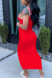 Black Fashion Sexy adult Ma'am Red Black Pink Royal blue Tank Sleeveless Slip Step Skirt Ankle-Length Solid Dresses
