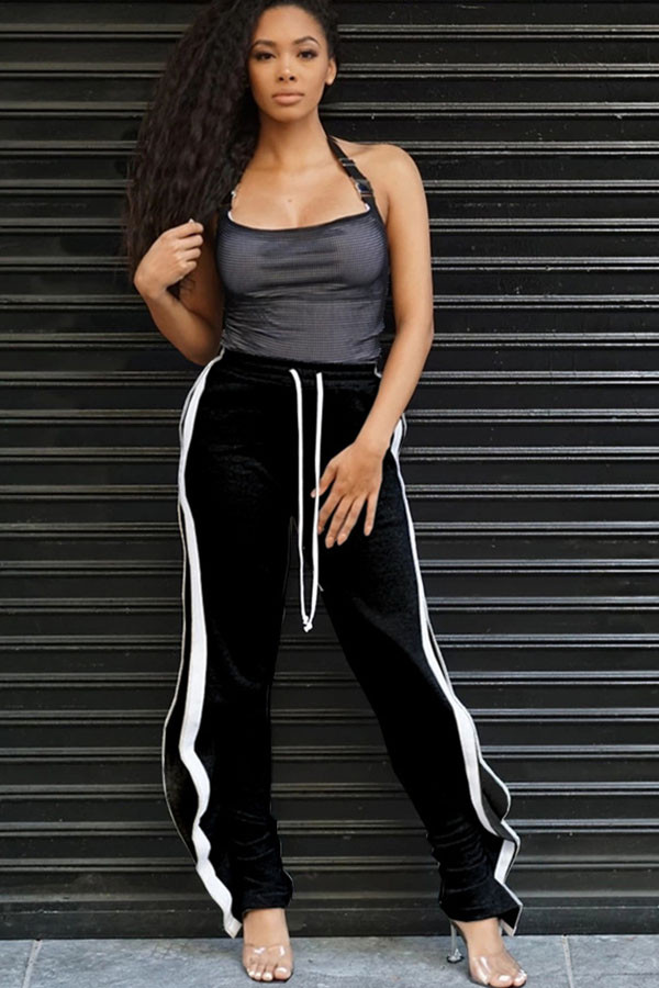Black Elastic Fly Mid Solid Draped Loose Pants Pants