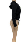 Red Street Print Hooded Collar Mid Waist Tops