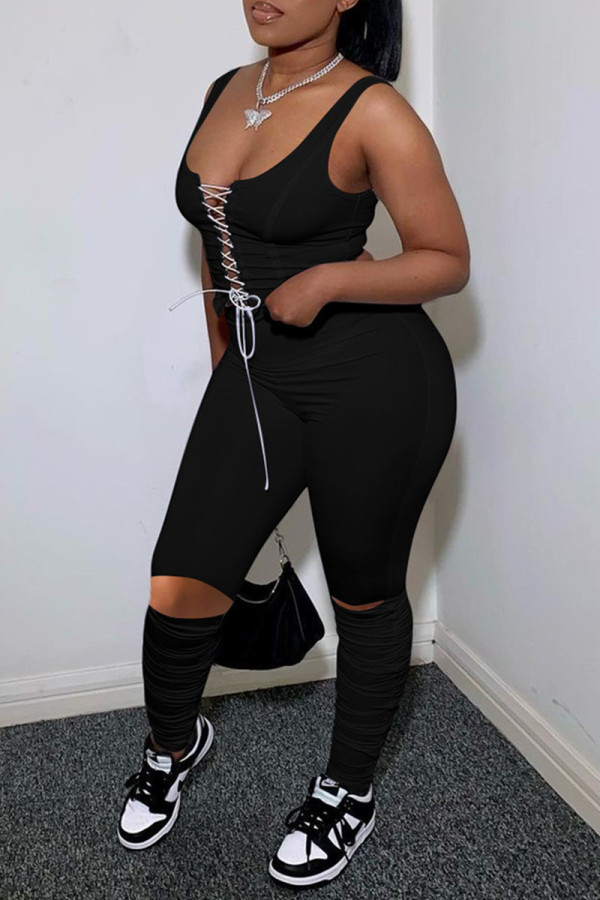 Black Sexy Casual Solid Ripped Vests Strap Design U Neck Sleeveless Two Pieces