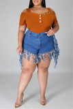 Rose Red Fashion Casual Solid Tassel Plus Size Jeans