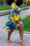 Yellow Sexy Print Patchwork Turndown Collar Plus Size Two Pieces