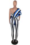 Blue Sexy Fashion Asymmetrical stringy selvedge Striped Backless Asymmetrical Collar 