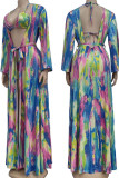Blue Green Rose Red Sexy Tie Dye Patchwork Frenulum SwimwearsThree Pieces