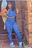 Blue Sexy Fashion Print Backless Patchwork Sleeveless O Neck Jumpsuits