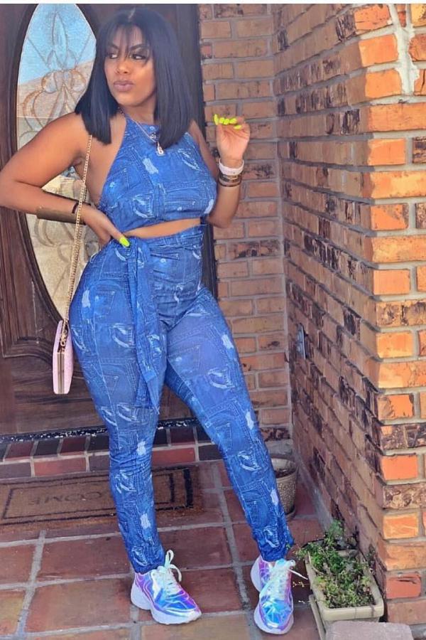 Blue Sexy Fashion Print Backless Patchwork Sleeveless O Neck Jumpsuits