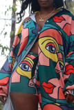 Colour Fashion Casual Print Cardigan Turndown Collar Long Sleeve Two Pieces