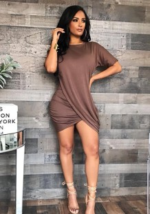 Coffee Brief Cute O-Neck Short Sleeve Irregular skirt skirt Club Dresses