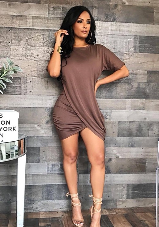 Coffee Brief Cute O-Neck Short Sleeve Irregular skirt skirt Club Dresses