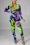 Red Fashion Casual Print Basic Zipper Collar Skinny Jumpsuits