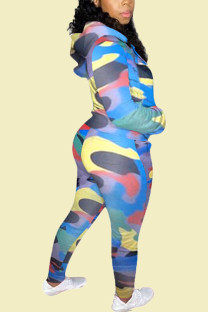 Sky Blue Casual Plaid Print Camouflage Print Butterfly Print Pocket Pants Hooded Collar Long Sleeve Regular Sleeve Regular Two Pieces