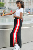 Black Elastic Fly Mid Split Patchwork Straight Pants