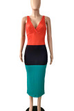 Red Casual Striped Print Patchwork V Neck Pencil Skirt Dresses