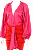 Red Sexy Solid Patchwork V Neck Pencil Skirt Dresses