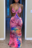 Pink Purple Fashion Sexy Print Backless Spaghetti Strap Sleeveless Dress