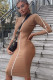 Coffee Sexy Cap Sleeve Long Sleeves O neck Step Skirt Mid-Calf Solid Long Sleeve Dresses