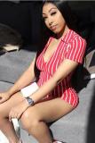 Pink Fashion Sexy Print Patchwork zipper Striped Short Sleeve V Neck 