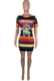cartoon Fashion Casual cartoon multicolor Cap Sleeve Short Sleeves O neck Step Skirt skirt Striped Print Dresses