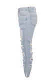 Baby Blue Sexy Solid Ripped High Waist Denim