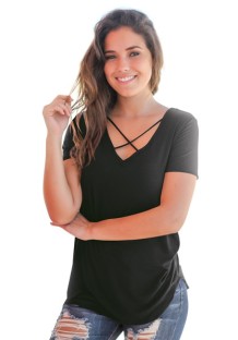 Black Fashion Casual Regular V-Neck Short Solid Regular Tees & T-shirts
