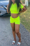 Fluorescent Green Fashion Casual Solid Basic Hooded Collar Short Sleeve Two Pieces