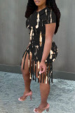 Red Fashion Casual Print Tassel O Neck Short Sleeve Two Pieces